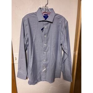 Egara Mens Slim Fit Non-Iron Dress Shirt Blue White Micro Check Long Sleeve M